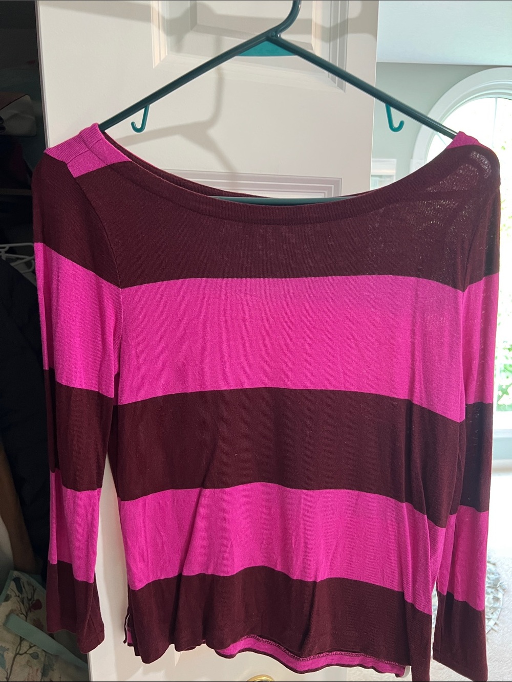 J. Crew Striped Long-Sleeve Thin Sweater in Fuchsia and Burgundy
